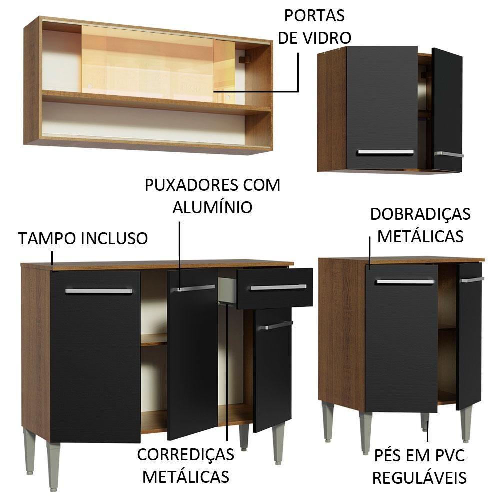 Armário de Cozinha Emilly com Balcão e Aéreo Vidro Preto - 4