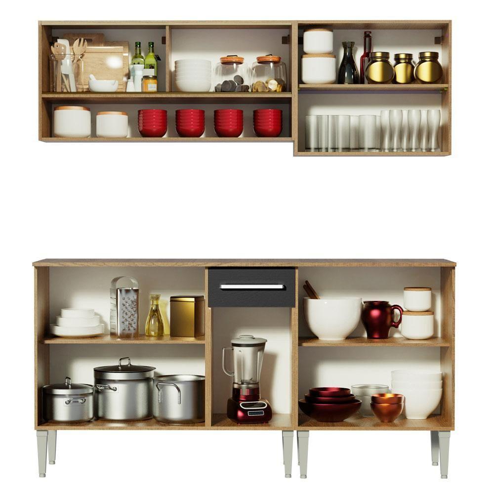 Armário de Cozinha Emilly com Balcão e Aéreo Vidro Preto - 6