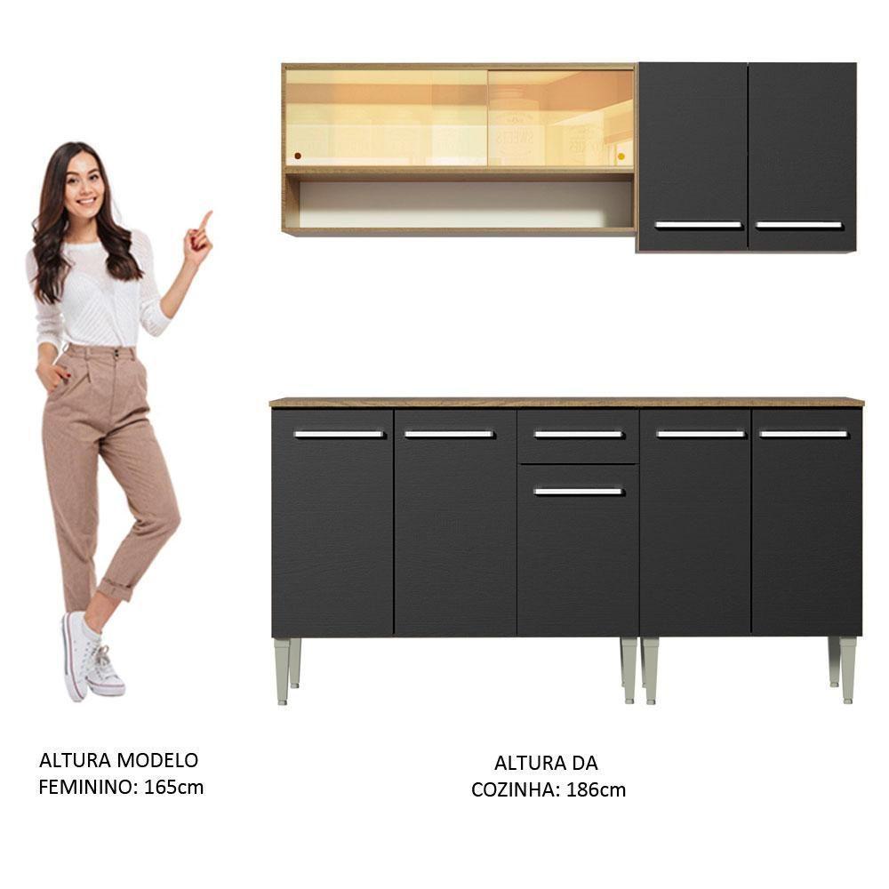 Armário de Cozinha Emilly com Balcão e Aéreo Vidro Preto - 10