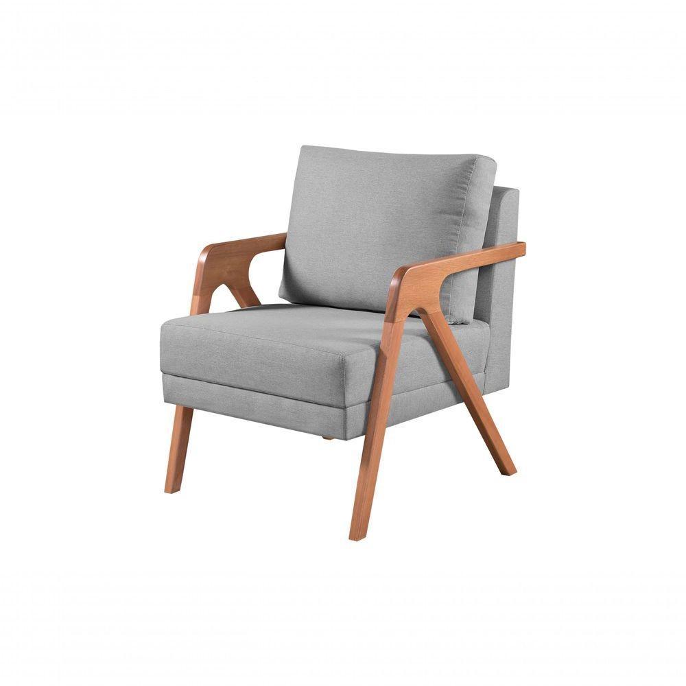 Poltrona Decorativa Mona Braço De Madeira Cor:linho Cinza Claro - 1