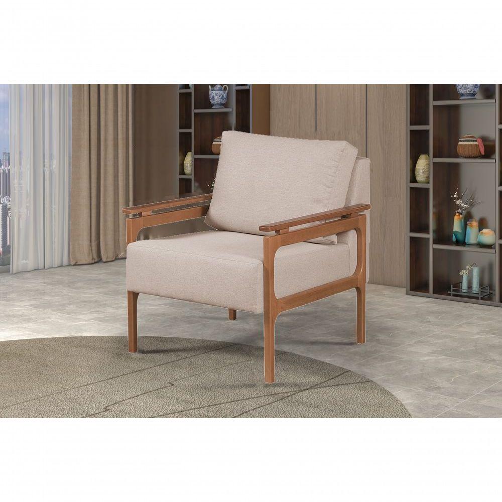 Poltrona Yasmim Braço De Madeira Cor:linho Bege - 1