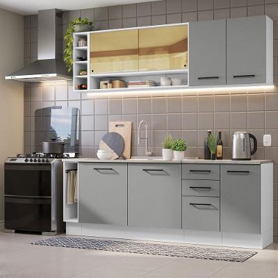 Armário de Cozinha Completa Agata 9 Portas 3 Gavetas MDF 220cm Branco-cinza com Pés