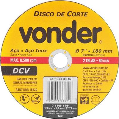 Disco De Corte 180,0x1,6x22,23 Para Aço Carbono E Inox Vonder