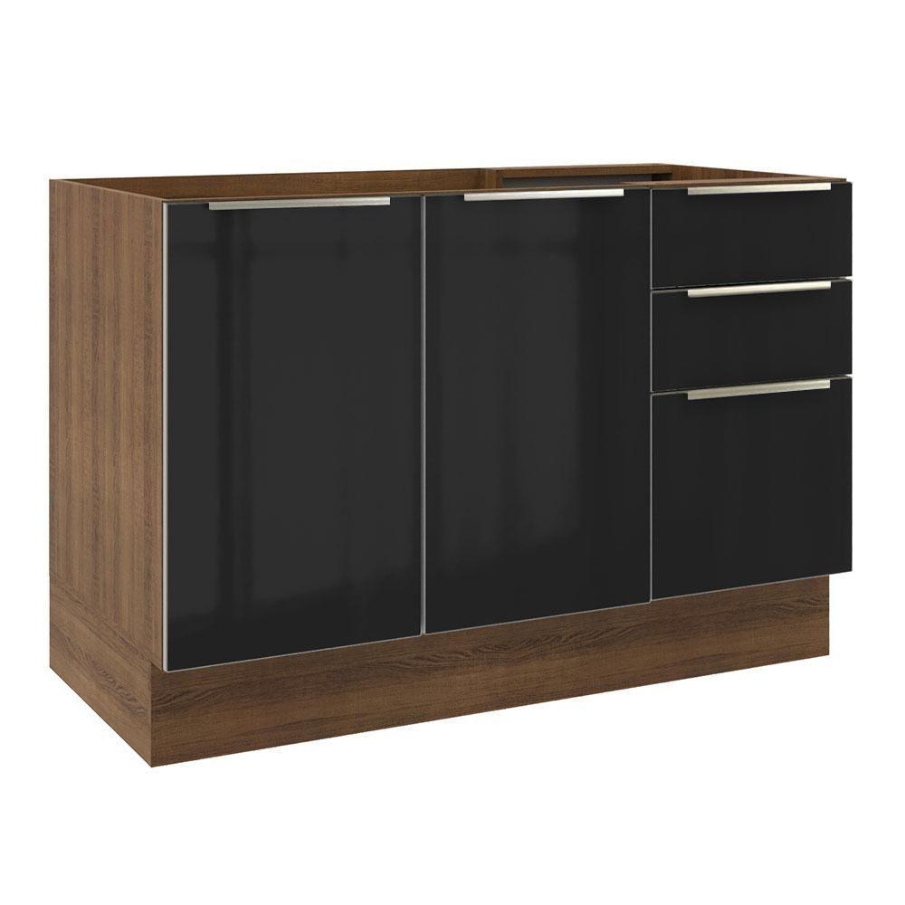 Balcão Gabinete de Pia 120cm 2 Portas 3 Gavetas Rustic Preto - 1