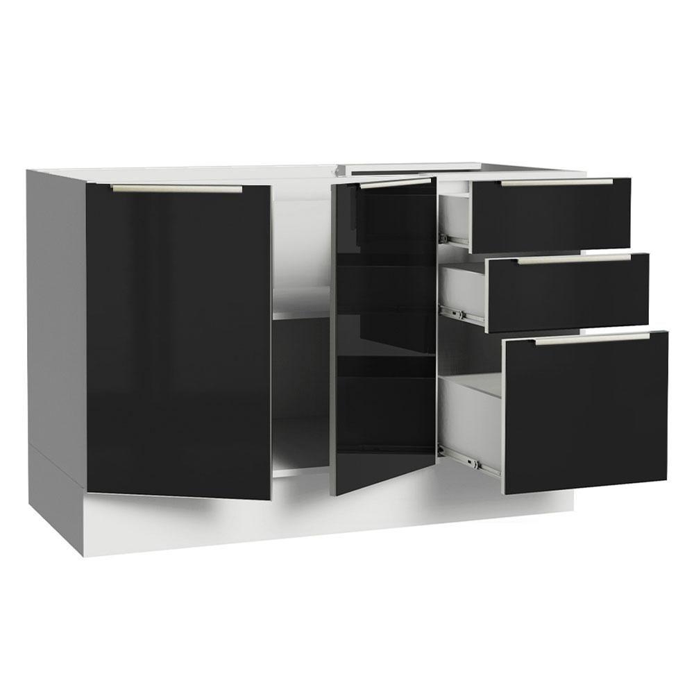 Balcão Gabinete de Pia 120cm 2 Portas 3 Gavetas Branco Preto - 3