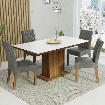 Conjunto de Jantar Marilia 4 Lugares Tampo de MDP com Vidro Rustic Branco Silver 160x90cm