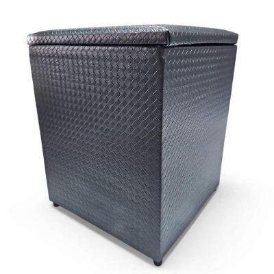 Puff Baú Banqueta Quadrado Cubo Decorativo Courino E Suede Cinza Escuro Traçado Courino
