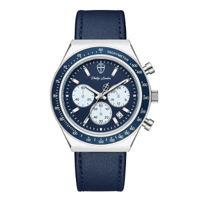 Relógio Masculino London Leather Silver Blue 43mm