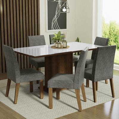 Conjunto Sala de Jantar Alexis 6 Lugares Tampo de Vidro com Cadeiras Suede Silver Rustic Branco