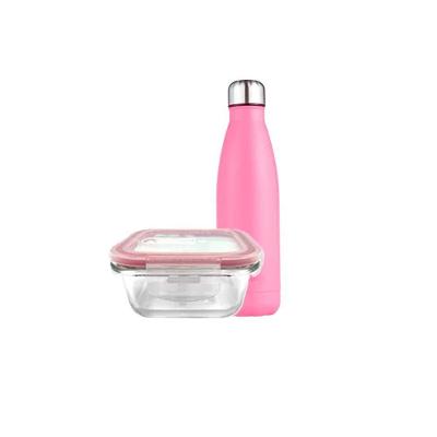 Pote Vidro Hermético Marmita 800ml Com Garrafa Térmica Rosa