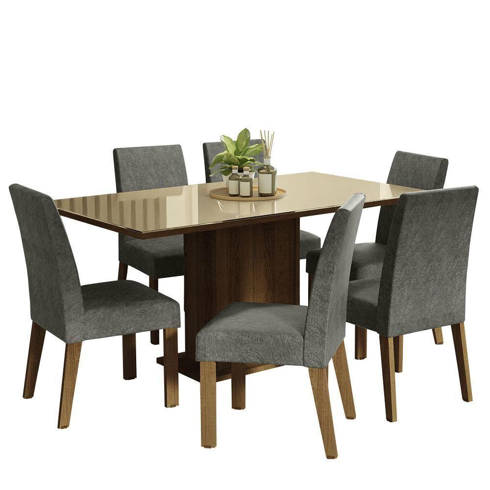 Conjunto Sala De Jantar Mesa Tampo De Vidro 6 Cadeiras Rustic/crema/silver - 10