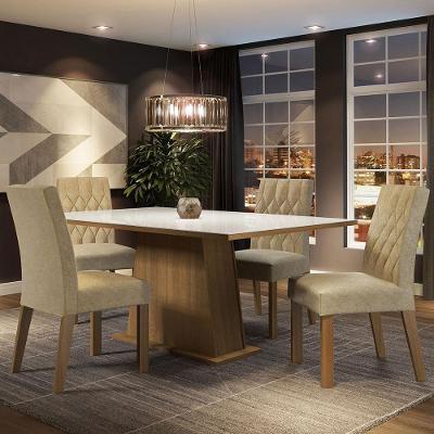 Conjunto Sala de Jantar Aryeli 4 Lugares Tampo em MDP com Vidro Incolor e Cadeiras Estofadas Marrom