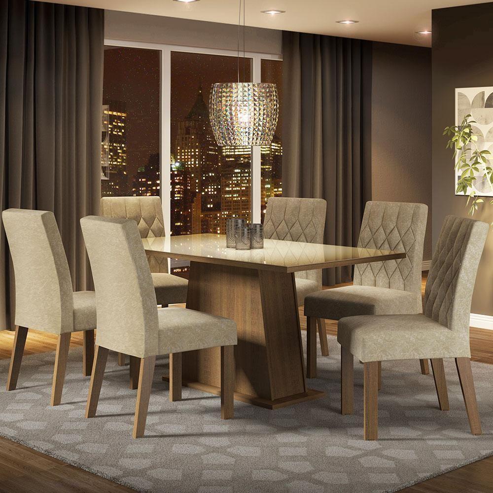Conjunto Sala De Jantar Mesa Tampo De Vidro 6 Cadeiras Rustic/Crema/imperial Stéfani Madesa - 1
