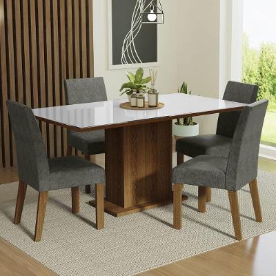 Conjunto de Jantar Avril 4 Lugares Tampo de Vidro com Cadeiras Estofadas Rustic Branco Silver