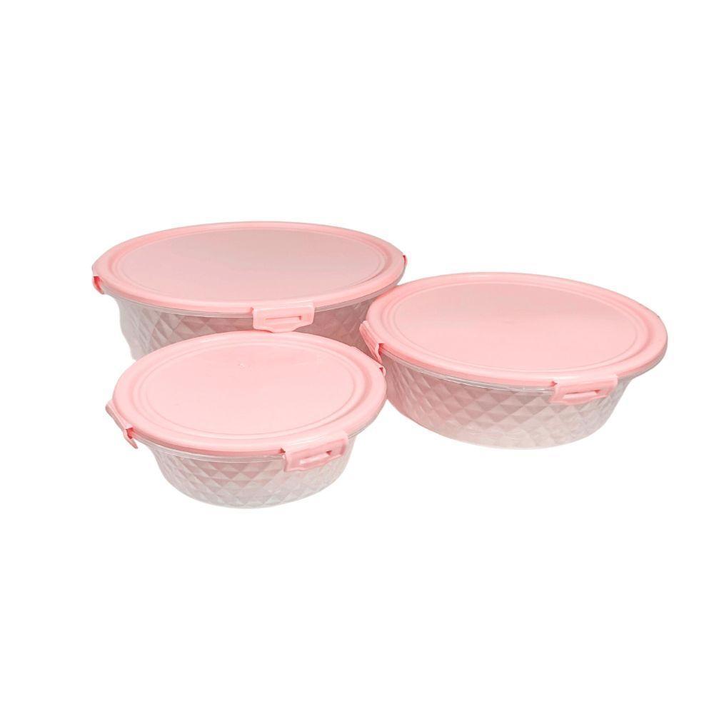 Kit 3 Potes Redondos Com Trava 550ml, 1 Litro E 1,7 Litros Rosa Orquídea - 3