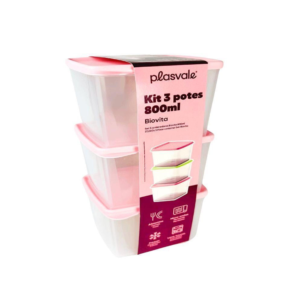 Kit 3 Potes Retangulares 500ml Plasvale Rosa - 1
