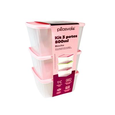 Kit 3 Potes Retangulares 500ml Plasvale Rosa