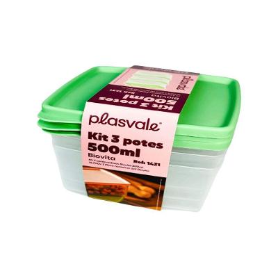 Kit 3 Potes Retangulares 500ml Plasvale Verde Oliva