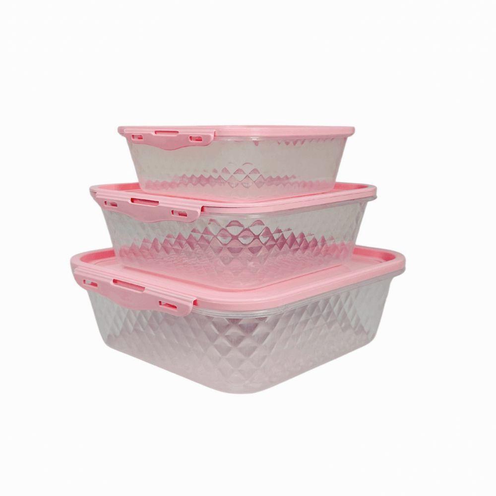 Kit 3 Potes Quadrados Com Trava 550ml , 1l E 1,7 L Rosa Orquídea - 1
