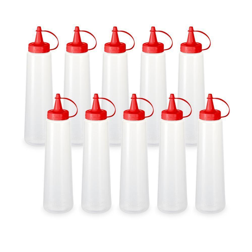 Kit 10 Bisnaga Plástica Transparente Com Tampa Em Cores 400ml Vermelho - 1