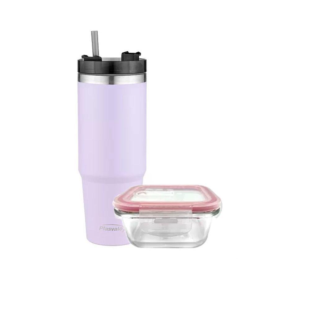 Pote Vidro Hermético Marmita 1l E Copo Com Canudo 900ml Lilás - 1