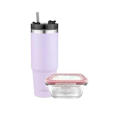 Pote Vidro Hermético Marmita 1l E Copo Com Canudo 900ml Lilás