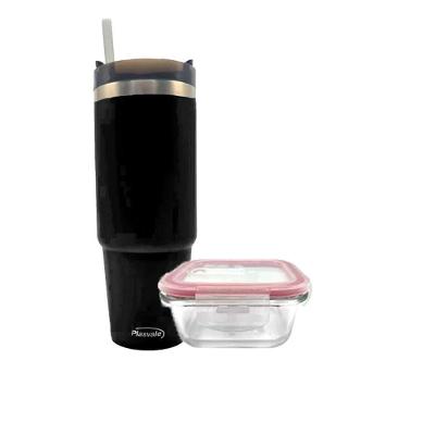 Pote Vidro Hermético Marmita 1l E Copo Com Canudo 900ml Preto