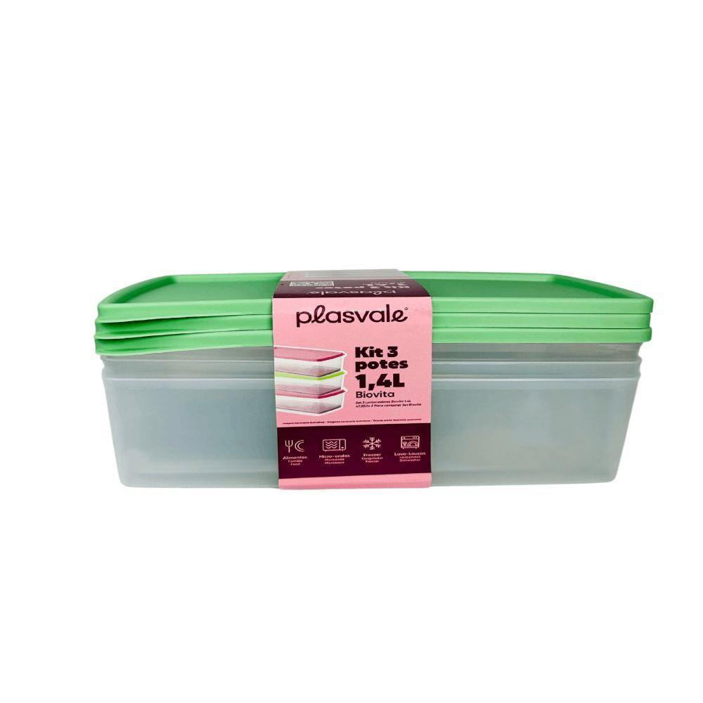 Kit 3 Potes Herméticos Retangulares 1,4l Plasvale Verde - 1