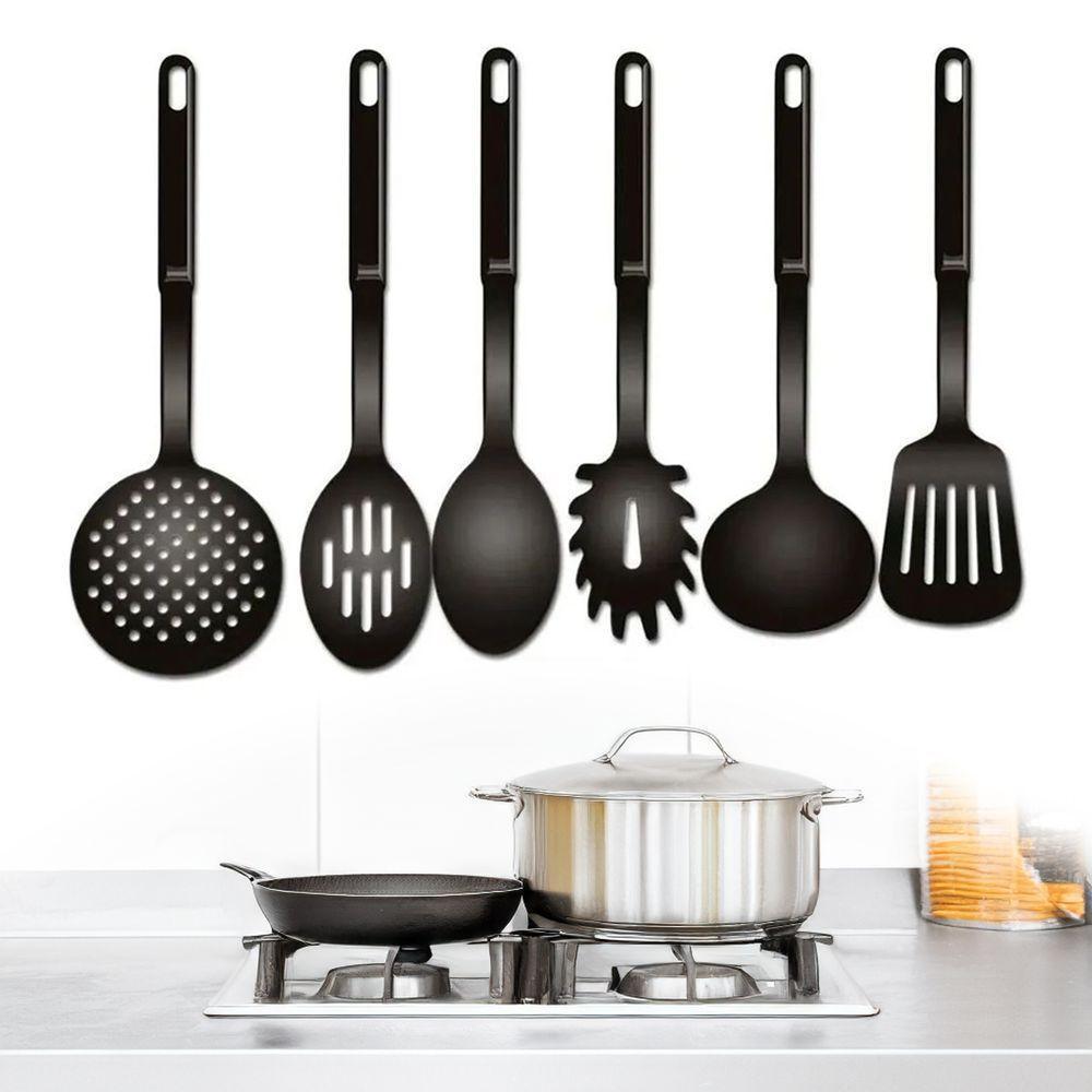 Conjunto Kit Utensílios Cozinha Colher Concha Escumadeira Espátula Pegadores Preto - 1