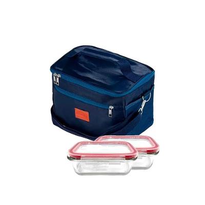 Bolsa Térmica Azul Com 2 Potes De Vidro Herméticos Marmita Azul