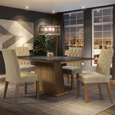 Conjunto Sala De Jantar Mesa Tampo De Vidro 4 Cadeiras Rust