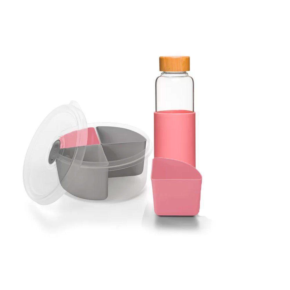 Kit Marmita 4 Divisórias E Garrafa Com Silicone Rosa - 1