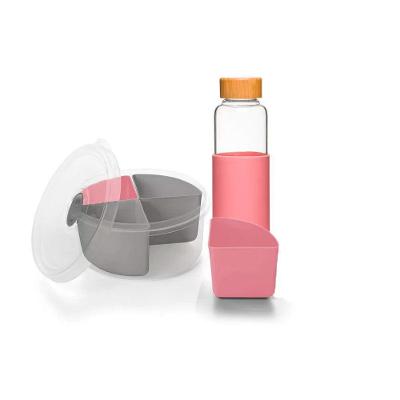 Kit Marmita 4 Divisórias E Garrafa Com Silicone Rosa