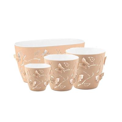 Kit Cachepot Plantas E Flores Borboleta 3d Bege