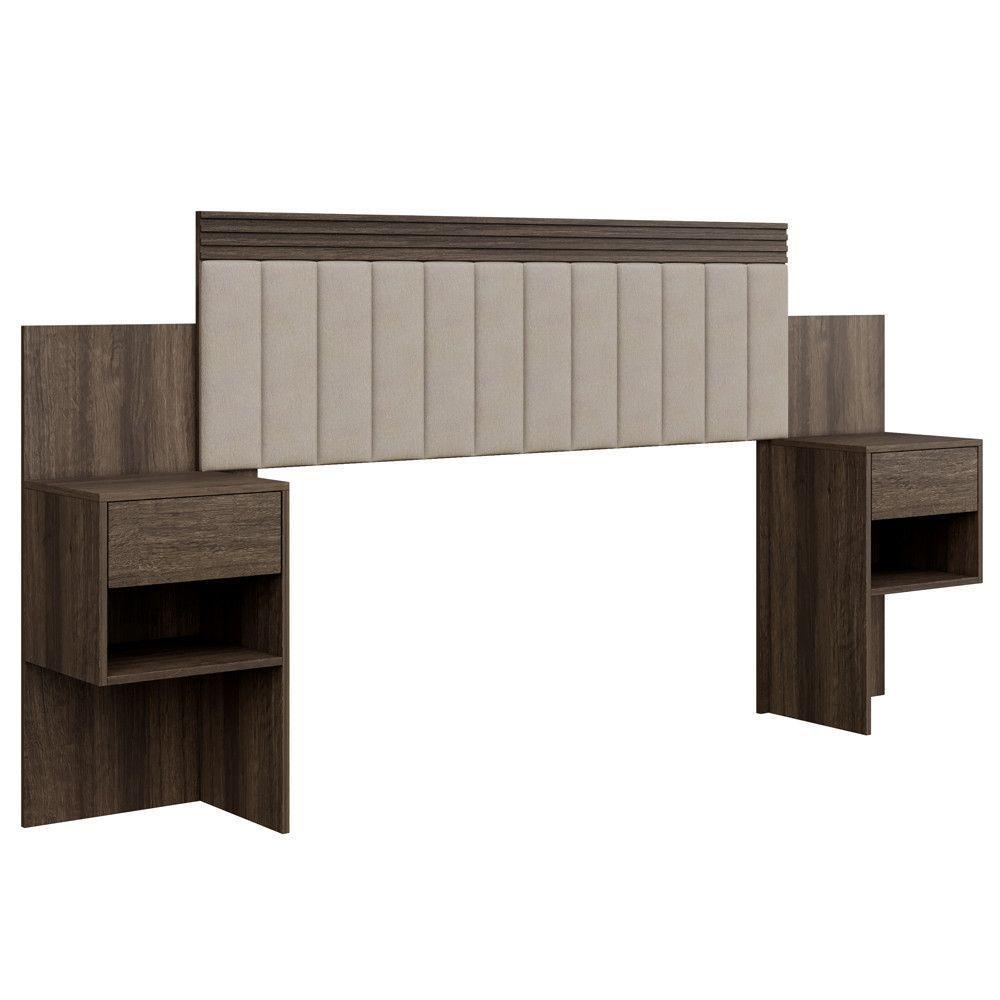 Cabeceira Extensiva Estofada Com 2 Mesas De Cabeceira Master Imbuia - 1