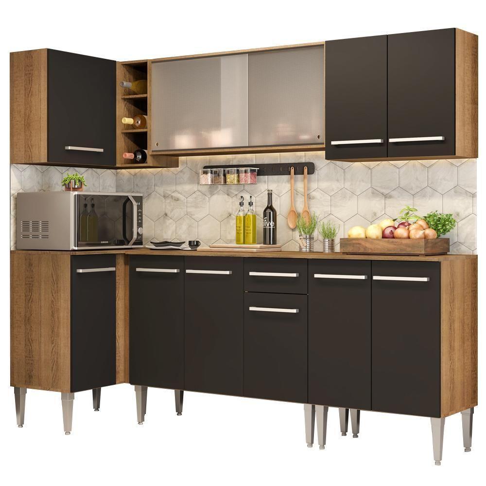 Cozinha Completa De Canto Madesa Emilly Point Com Balcão E Armário Vidro Rustic-preto - 4
