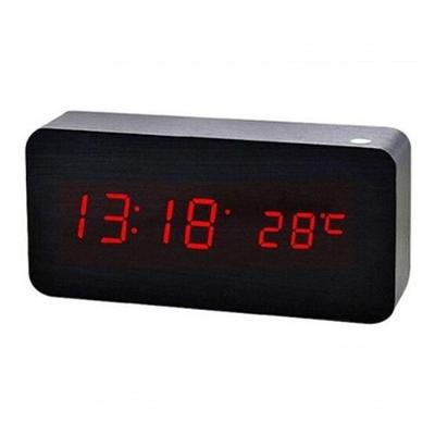 Relogio Despertador Mesa Digital Madeira Com Sound Control Preto