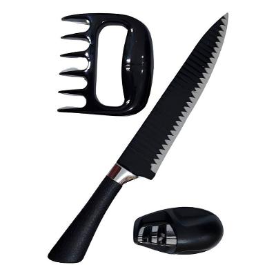 Kit 3 Peças Para Churrasco Faca Garra Amolador Preto