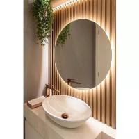 Espelho Redondo De Parede Para Banheiro Com Led Amarelo 50x50 Com Bateria Amarelo - 1