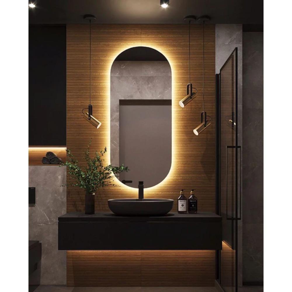 Espelho De Parede Decorativo Grande Oval Com Led Amarelo 90x45 Com Fonte Bivolt Amarelo - 1