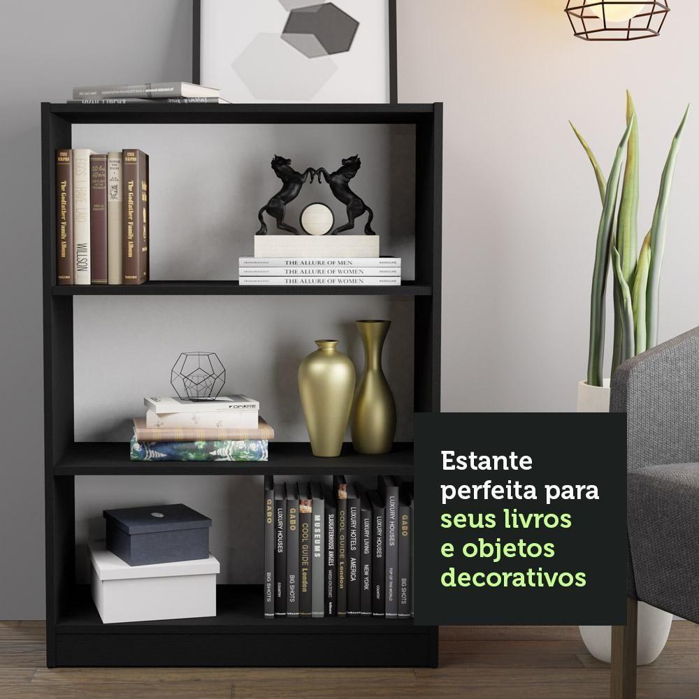 Estante Para Livros Home Sala Madesa 6907 Com 3 Nichos Preto - 6