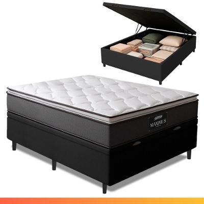 Cama Box Baú Casal Colchão Molas Ensacadas Pillow Top Maximus 138x188x69cm Cinza/Preto Gazin Cinza/Branco