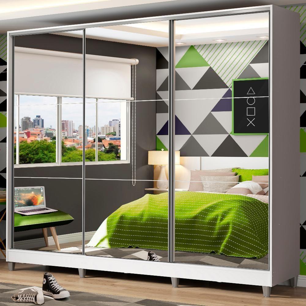 Guarda Roupa Juvenil 100% Mdf Madesa Kevin 3 Portas De Correr De Espelho Com Pés - Branco - 1