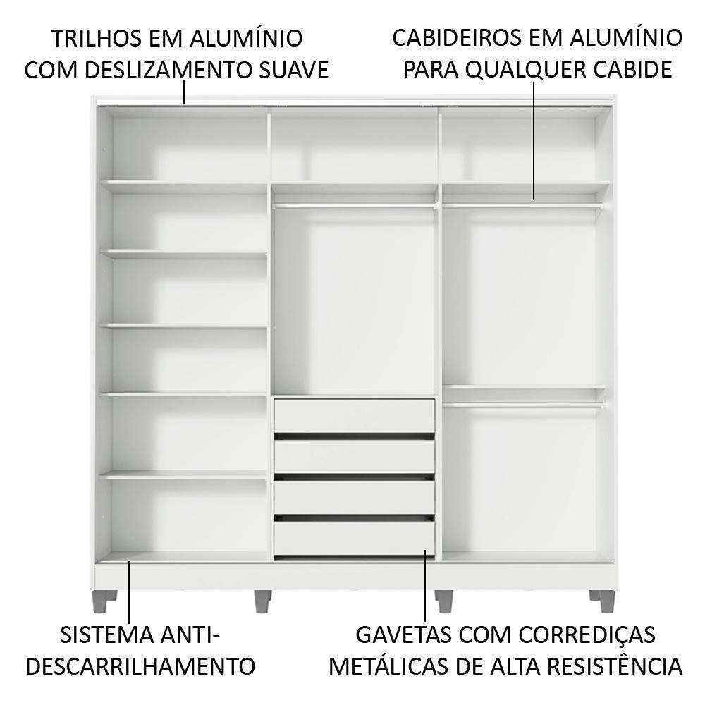Guarda Roupa Juvenil 100% Mdf Madesa Kevin 3 Portas De Correr De Espelho Com Pés - Branco - 2