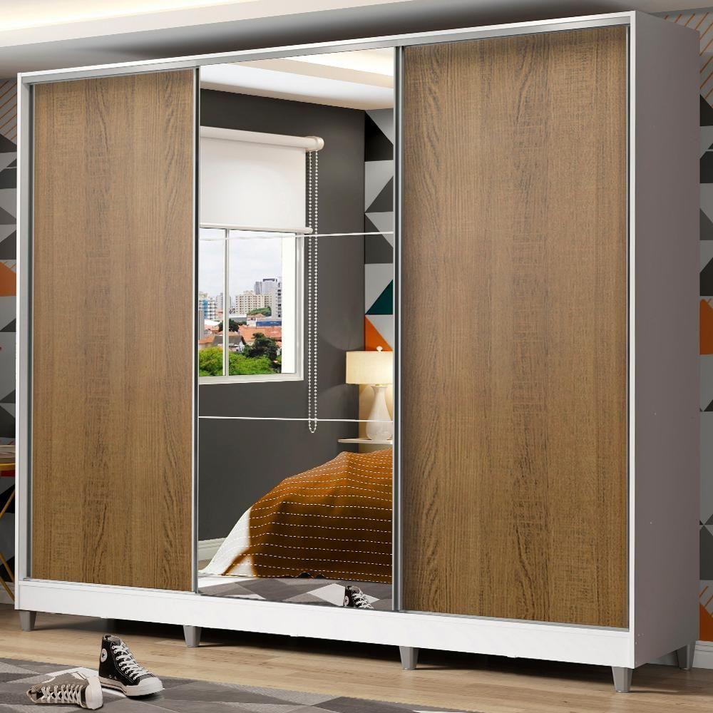 Guarda Roupa Juvenil 100% Mdf Madesa Kevin 3 Portas De Correr Com Espelho Com Pés - Branco/rustic - 1