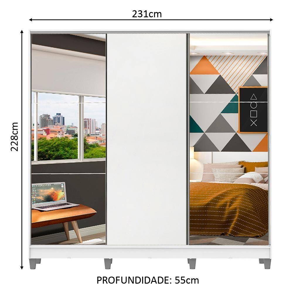 Guarda Roupa Juvenil 100% Mdf Madesa Kevin 3 Portas De Correr Com Espelhos Com Pés - Branco - 2