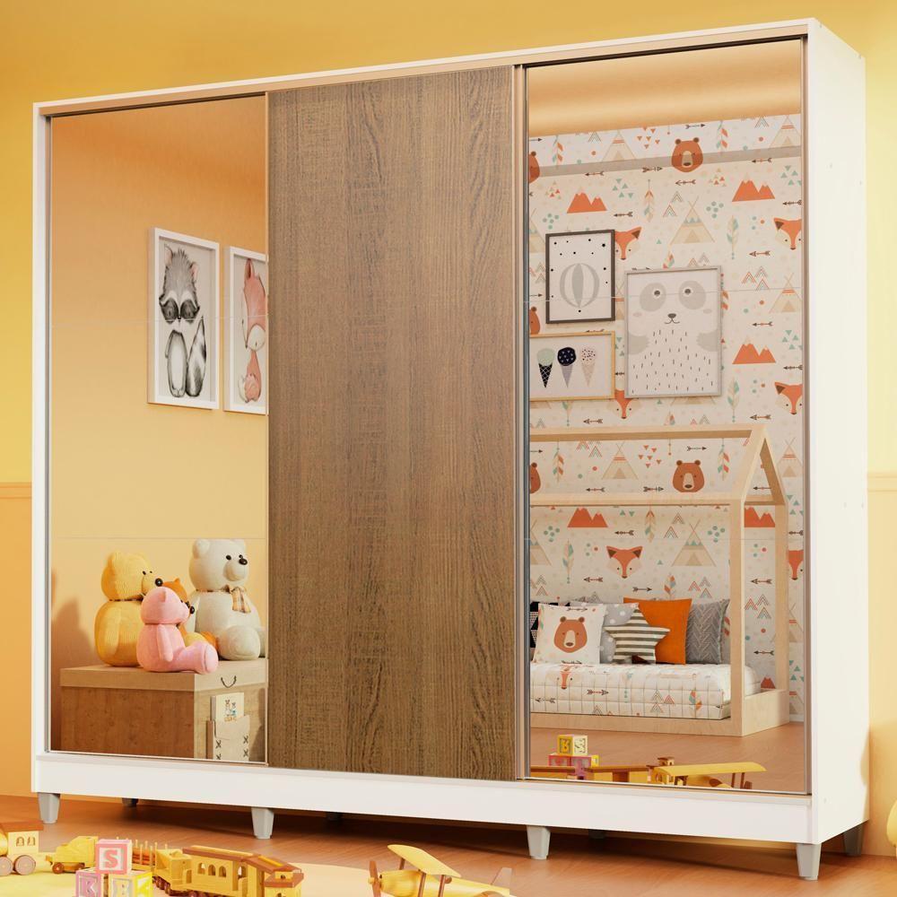 Guarda Roupa Infantil 100% Mdf Madesa Logan 3 Portas De Correr Com Espelhos Com Pés - Branco/rustic - 1