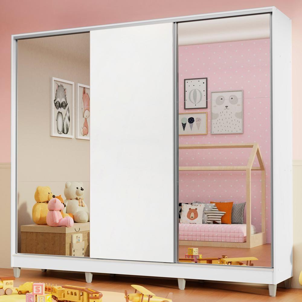 Guarda Roupa Infantil 100% Mdf Madesa Logan 3 Portas De Correr Com Espelhos Com Pés - Branco - 4