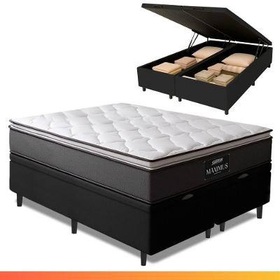 Cama Box Baú Casal Queen Colchão Molas Ensacadas Pillow Top Maximus 158x198x69cm Cinza/Preto Gazin Cinza/Branco