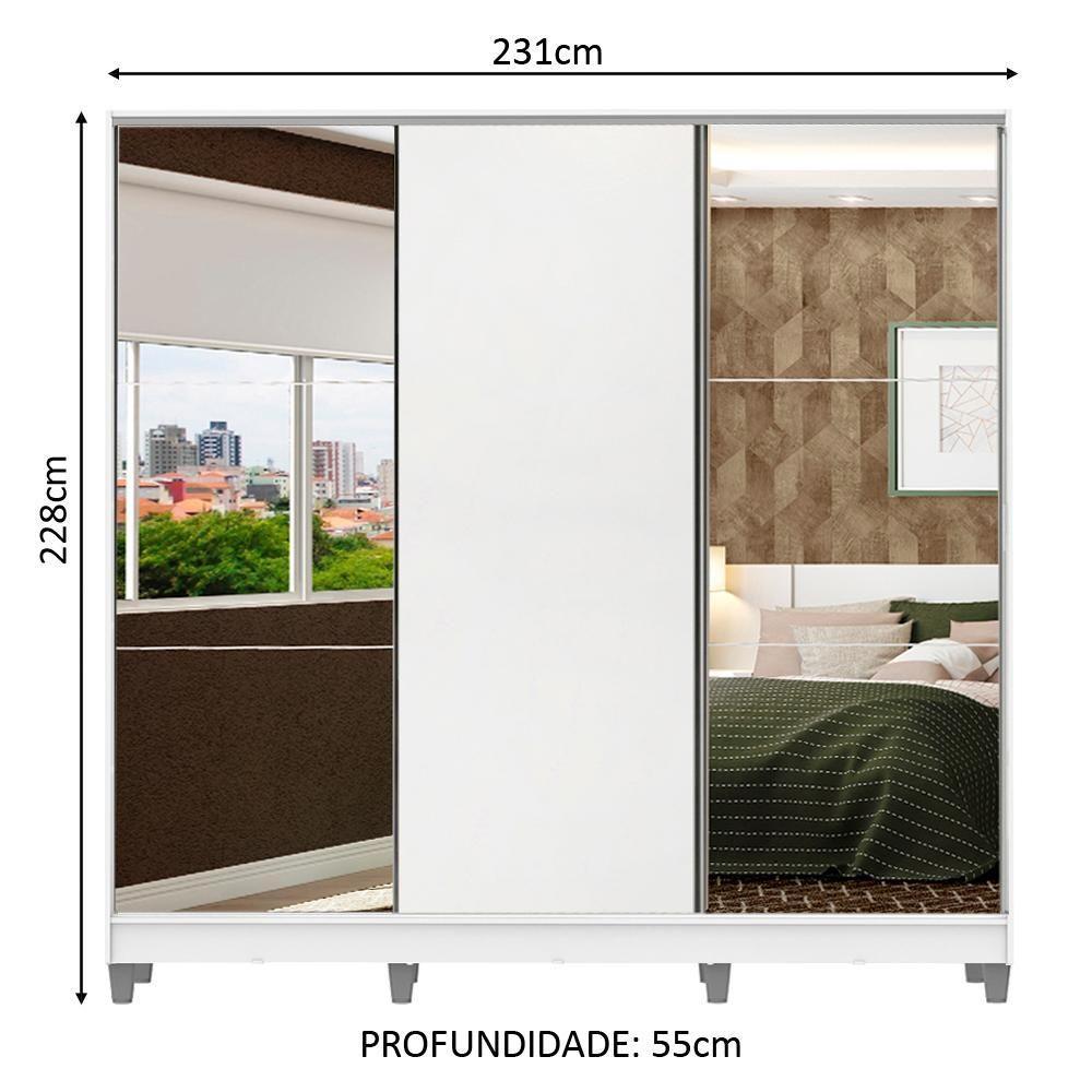 Guarda Roupa Casal 100% Mdf Madesa Zurique 3 Portas De Correr Com Espelhos Com Pés - Branco - 3